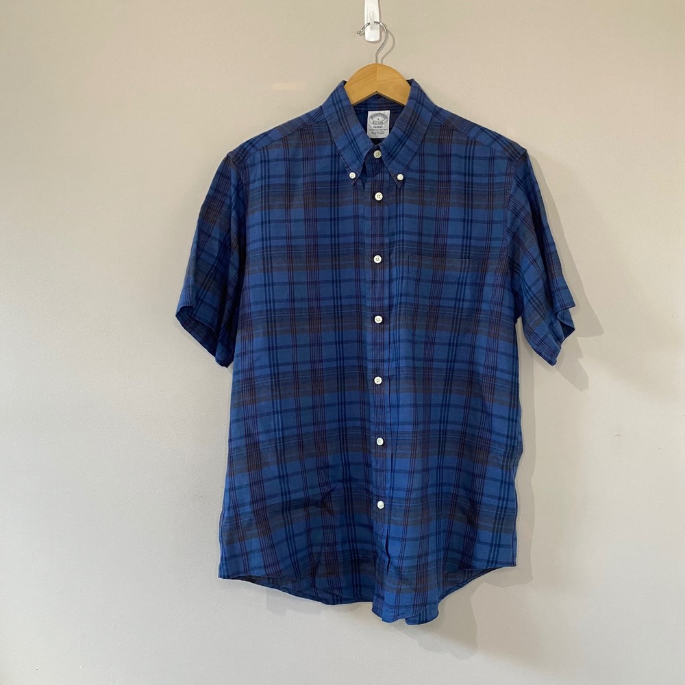 Brooks Brothers Regent Mens L Blue Plaid 100% Irish Linen Short Sleeve Shirt